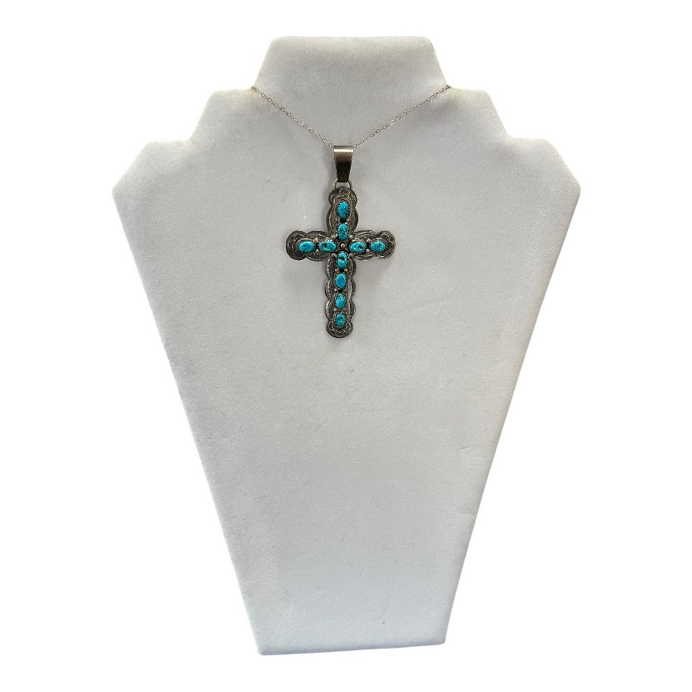 Navajo C Yazzie Turquoise Sterling Silver Cross Pendant / Necklace